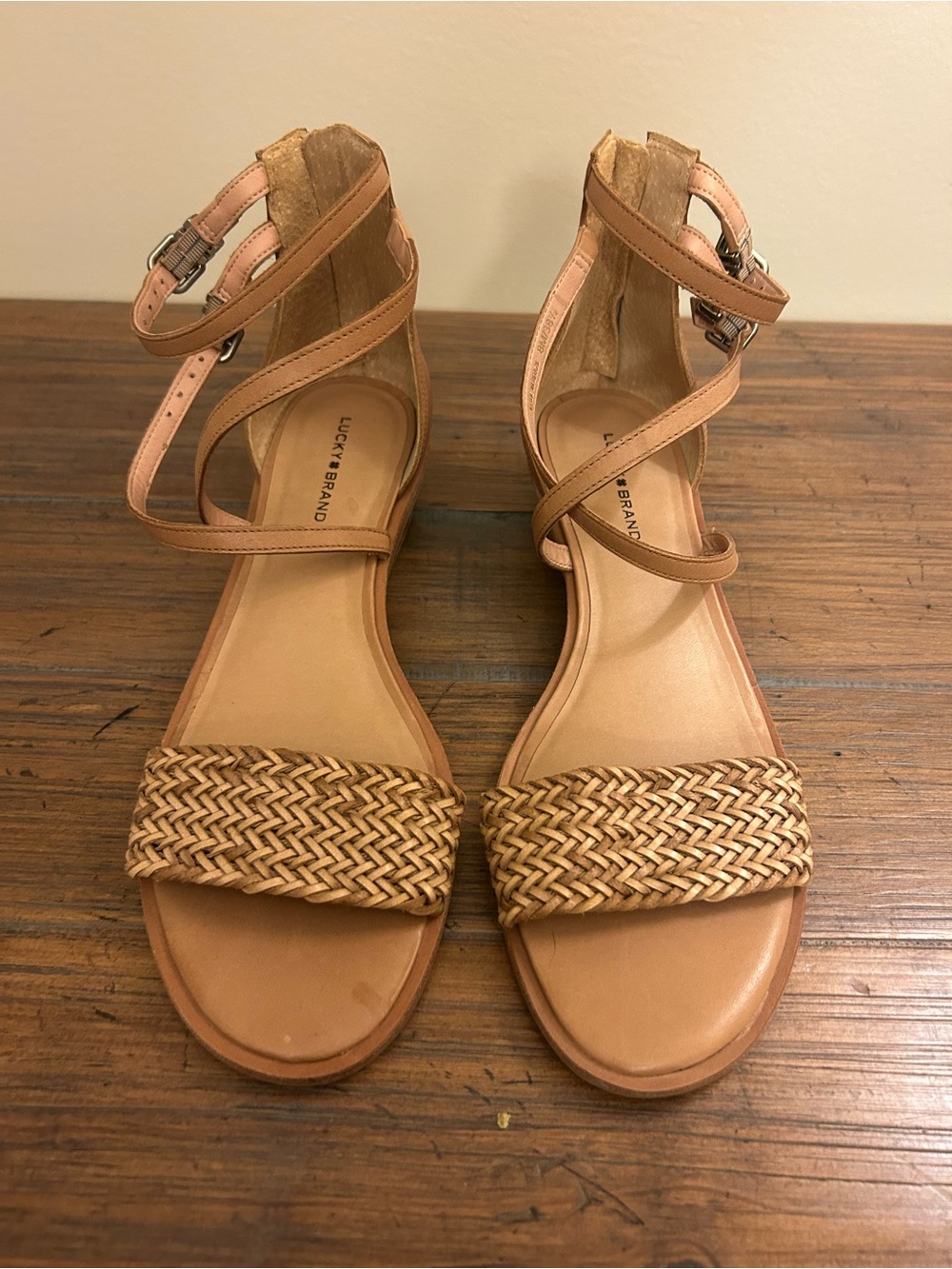 Lucky Brand Braided Ankle Strap Sandals Tan/Cognac Size 8M Low Block Heel